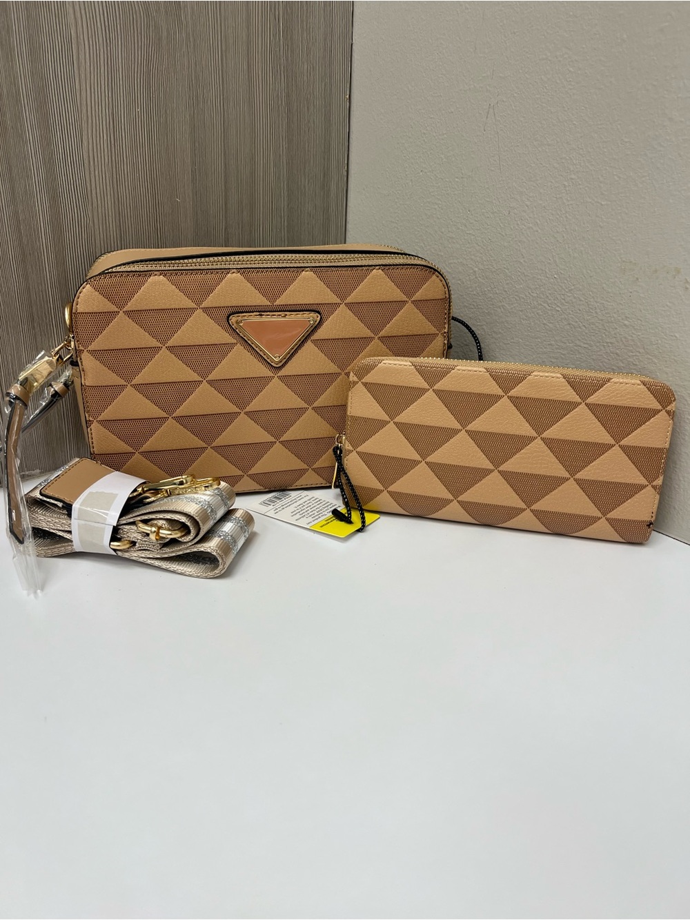 Tri-Tone Tan Geometric Crossbody Bag with Wallet